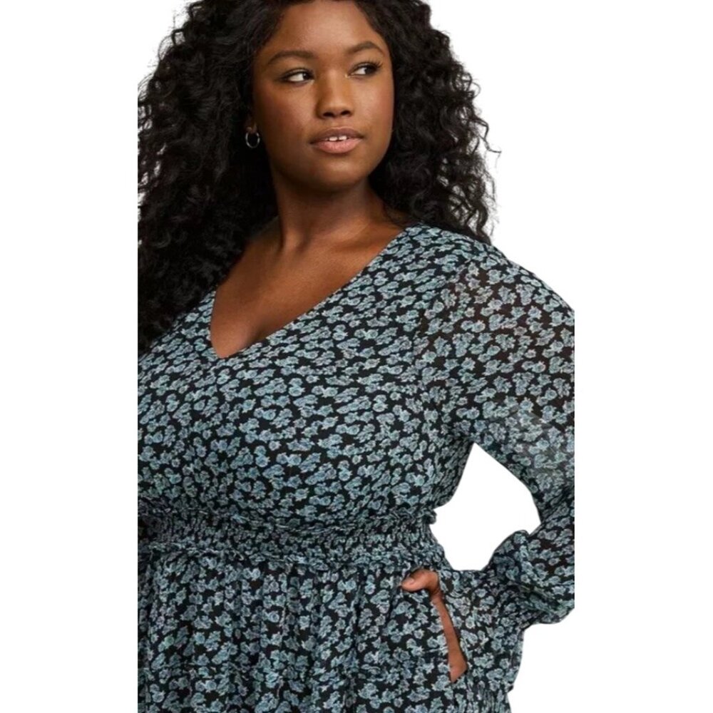 Torrid 2X Mini Lurex Chiffon Tiered Dress Floral Green Long Sleeve Pockets NWT - Picture 2 of 16